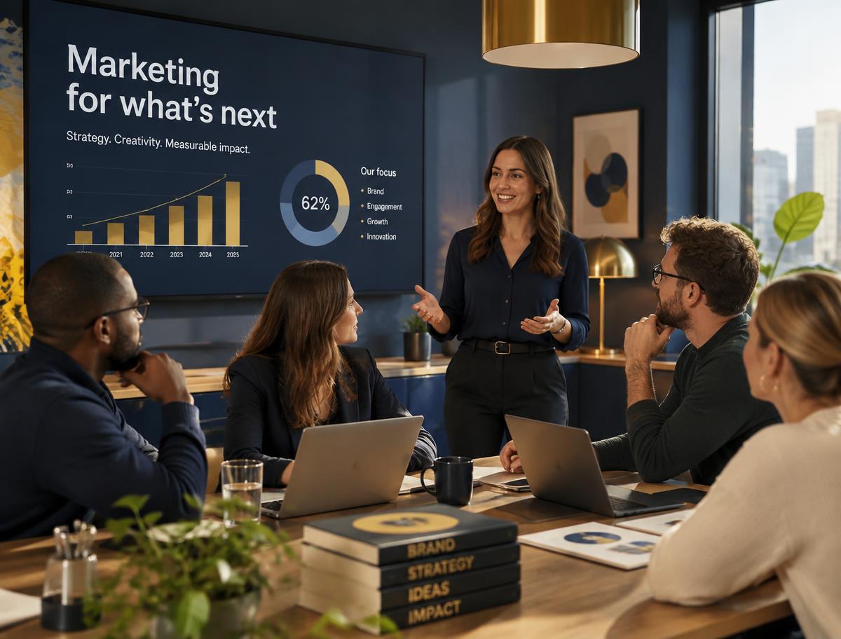 Marketing team reviewing brand performance on a large screen